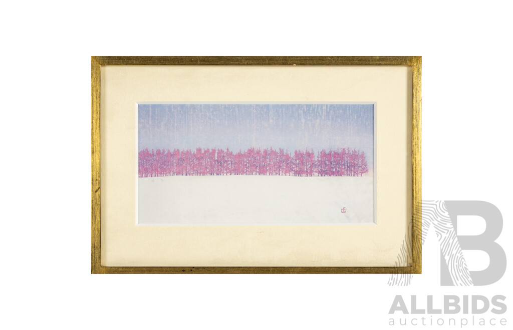 Joichi Hoshi (20th Century, Japanese, 1913-1979), Clump of Trees, Red Line & Dawning, Trio of Vintage Prints After Original Wood Blocks, 21H x 31W cm (largest frame) (3)