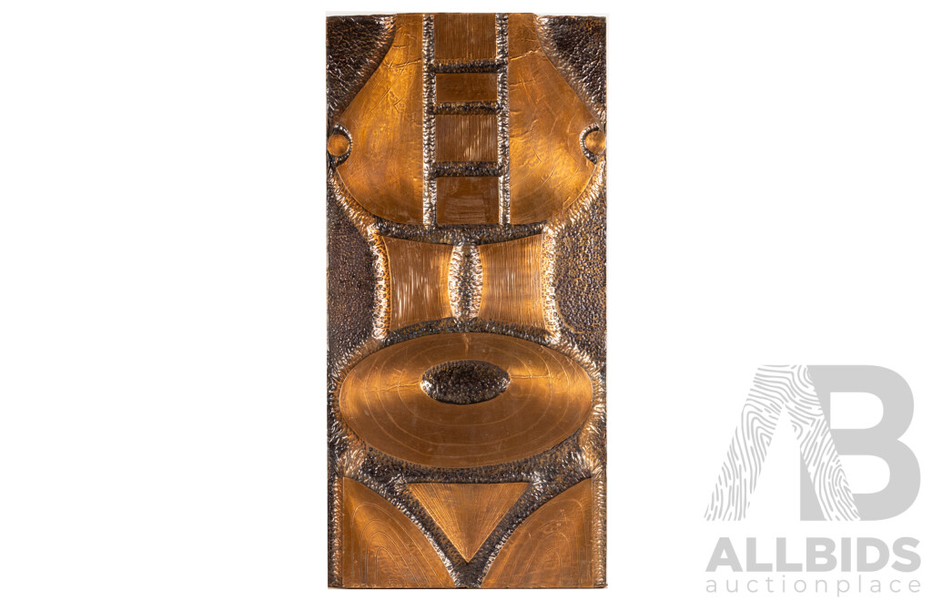 CDT (20th Century), Geometric Nude (1974), Mid Century Brutalist Hammered Copper Relief Wall Panel, 93H X 46W Cm