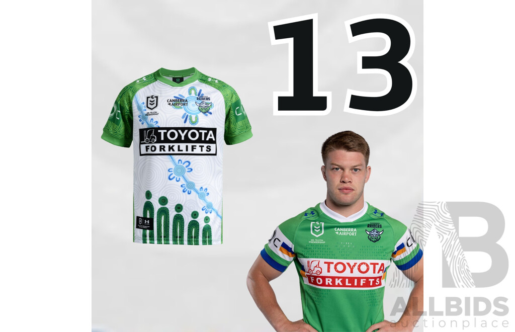 13. Morgan Smithies - Match Worn and Signed Canberra Raiders 2026 Indigenous Round Jersey - Round 23 v Knights - Proceeds towards the Raiders Foundation