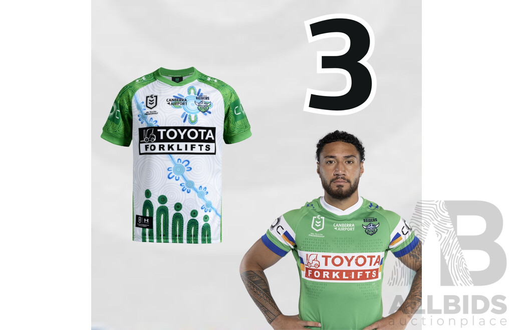 3. Simi Sasagi - Match Worn and Signed Canberra Raiders 2026 Indigenous Round Jersey - Round 23 V Knights - Proceeds Towards the Raiders Foundation
