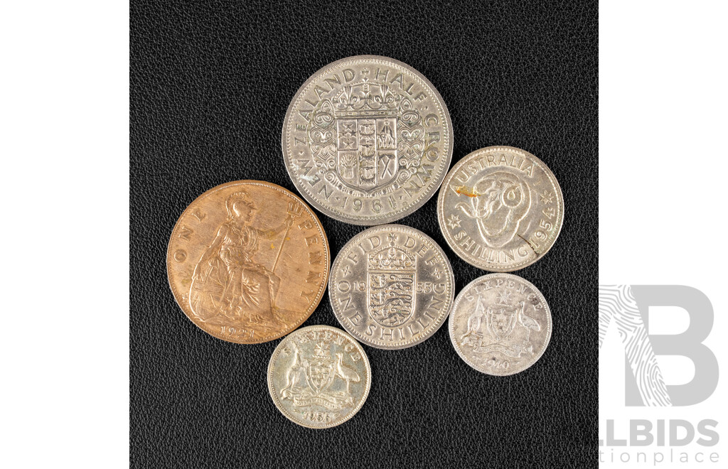 Australian 1940 and 1956 Silver Sixpence, 1954 Silver Shilling, United Kingdom 1955 One Shilling, 1921 One Penny, New Zealand 1961 Half Crown