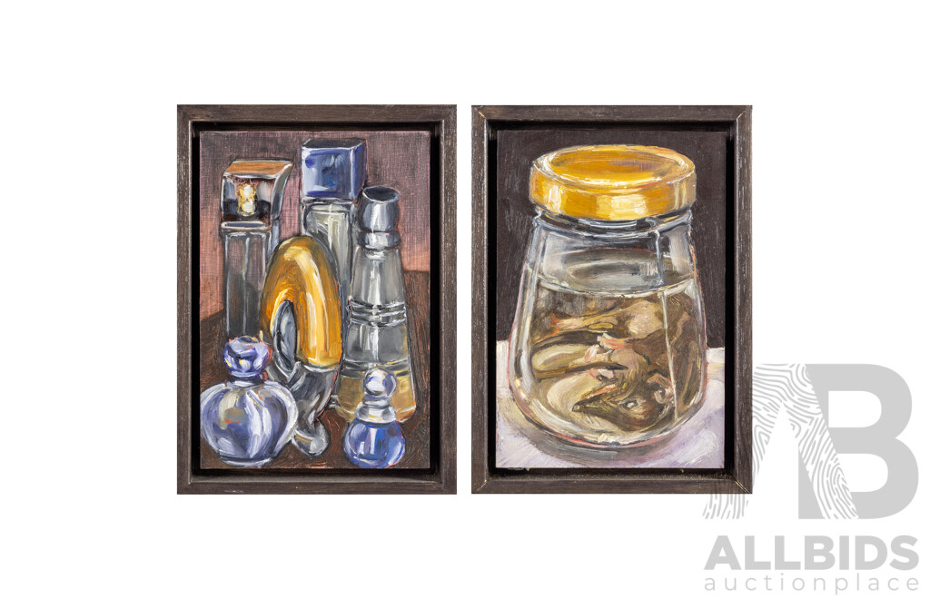 Alison Mackay (20th Century, British-Born Australian, 1966-), 'Perfume Bottles' & 'Antechinus', Lovely Pair of Oils on Marine Ply, 22H x 16W cm (frames) (2)