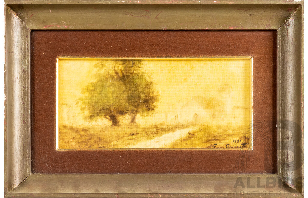 Giorgio Giannotti (20th Century, Italian, 1928-2019), Paesaggio [Quercie, Case] [Landscape, Oaks, Houses] (1981), Wonderful Original Oil on Canvas, 23H X 35W Cm (frame)