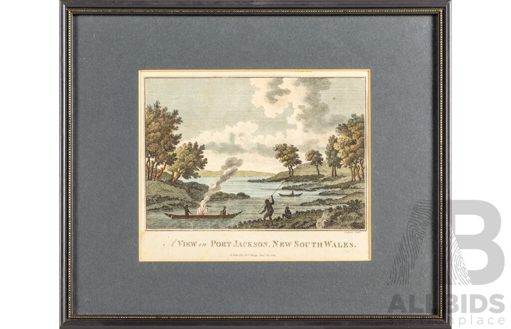John Eastgate (18/19th Centuries, British, 1780-1811), A View in Port Jackson, New South Wales, Antique Hand Coloured Steel Engraving Print, 28H x 34W cm (frame)