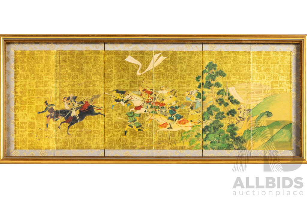 Artist Unknown (20th Century, Japanese School), Samurai with Horses, Original Miniature Folding Screen [Byobu], Reproduction Print with Gold Leaf on Fabric Panels, 26H x 62W cm (frame)