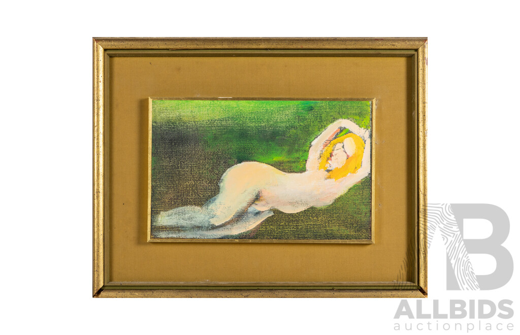 Artist Unknown [In the Style of Charles Blackman], Nude Reclining, Original Mid Century Oil on Canvas Board, 43H x 56W cm (frame)
