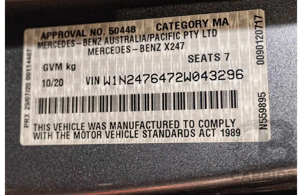 10/2020 Mercedes-Benz GLB 250 4Matic (AWD) X247 MY20.5 4D Wagon Mountain Grey Metallic Turbo 2.0L - 7-Seater