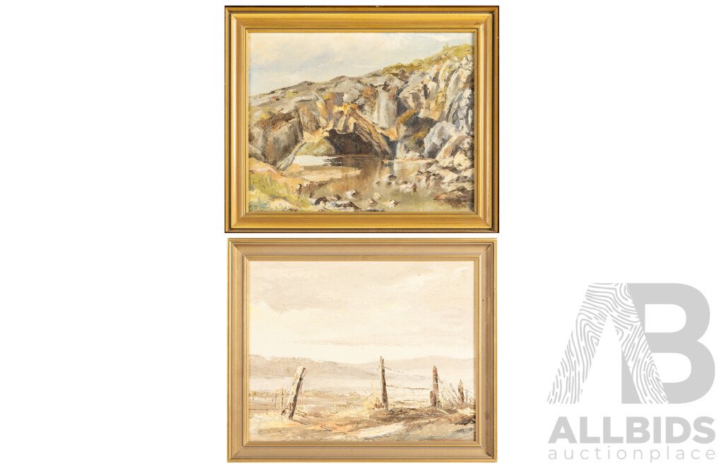 Margaret Hunter (20th Century, Australian, 1942-), London Bridge Arch, Googong Foreshores, Original Oil on Masonite, 37H x 45W cm  & Along a Road To, Oil on Canvas Board, 36 H X 44 W Cm (frames) (2)