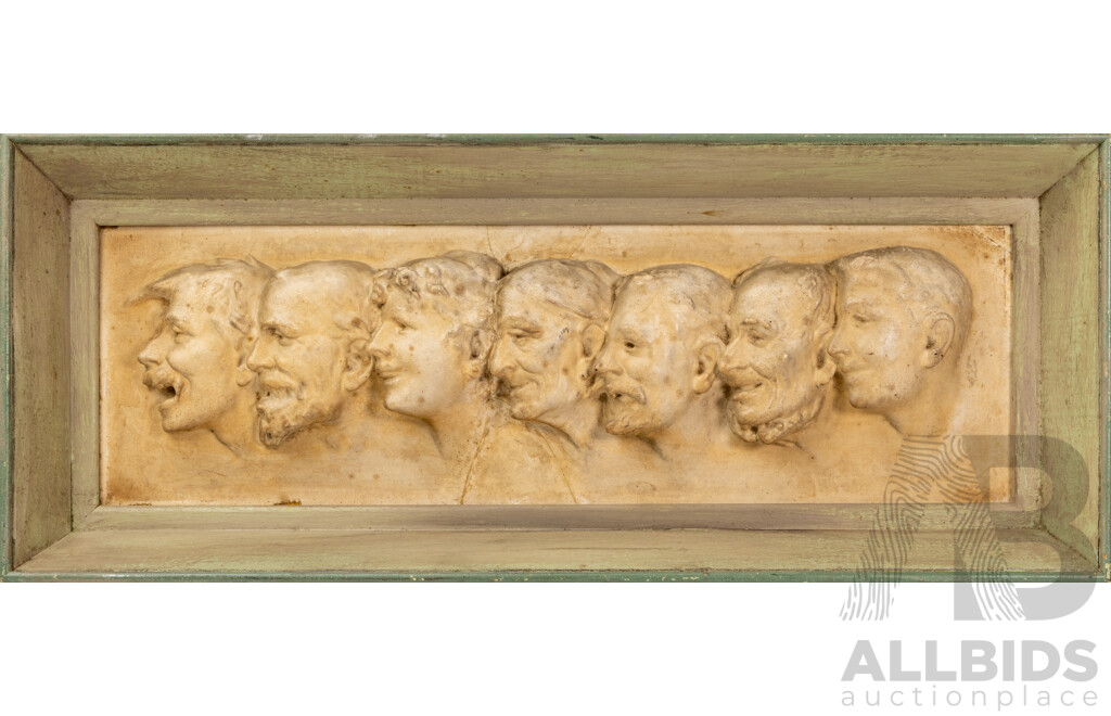 Artist Unknown (20th Century), The Seven Faces of Man (c1970s), Original Vintage Moulded Cast Stone, 23H X 56W Cm (frame)