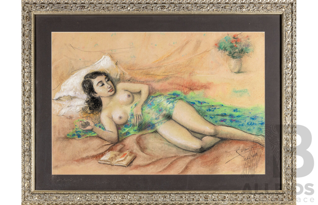 (Possibly) Dewa R. Slawet (20th Century, Balinese), Nude Reclining (2001), Original Coloured Crayon & Charcoal Drawing, 69H x 92W cm (frame)