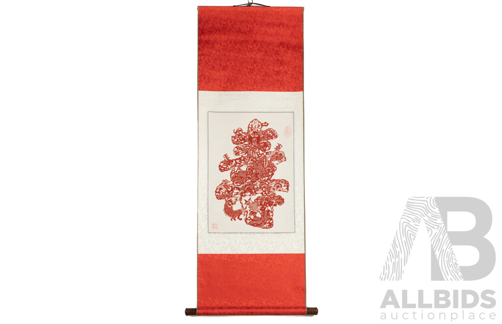 Artist Unknown (20th Century, Chinese), Longevity - Phoenix, Koi and Peonies, (c2000s), Original Red Paper Cut Scroll, 114H x 40W cm