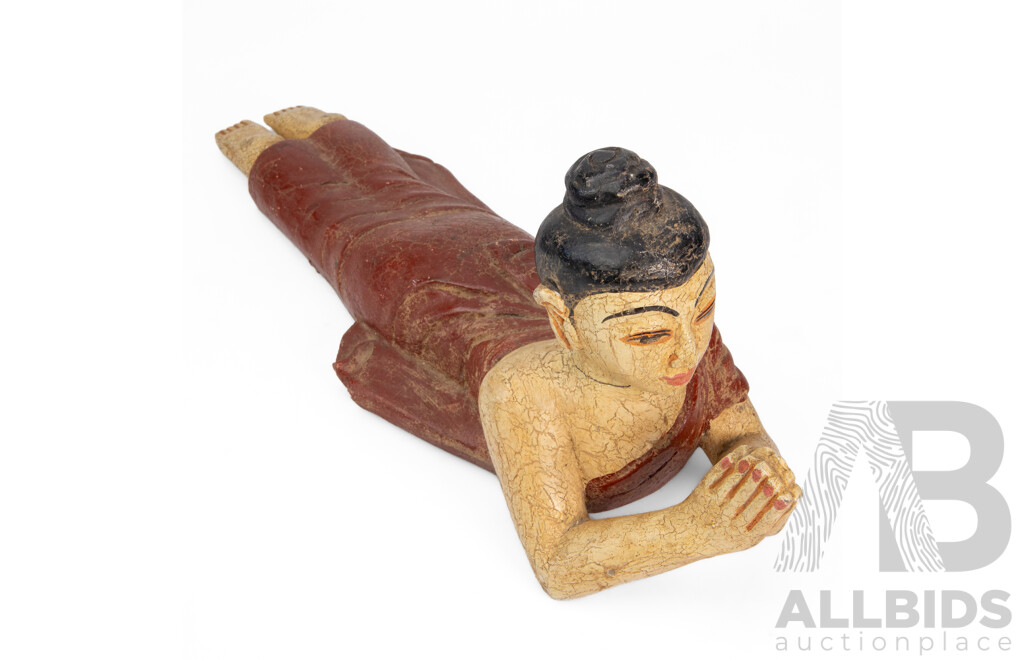 Artist Unknown (20th Century, Cambodian), Reclining Praying Buddha, Original Vintage Hand Painted & Carved Teak Figurine, 18H X 43L x 13W cm (approx)