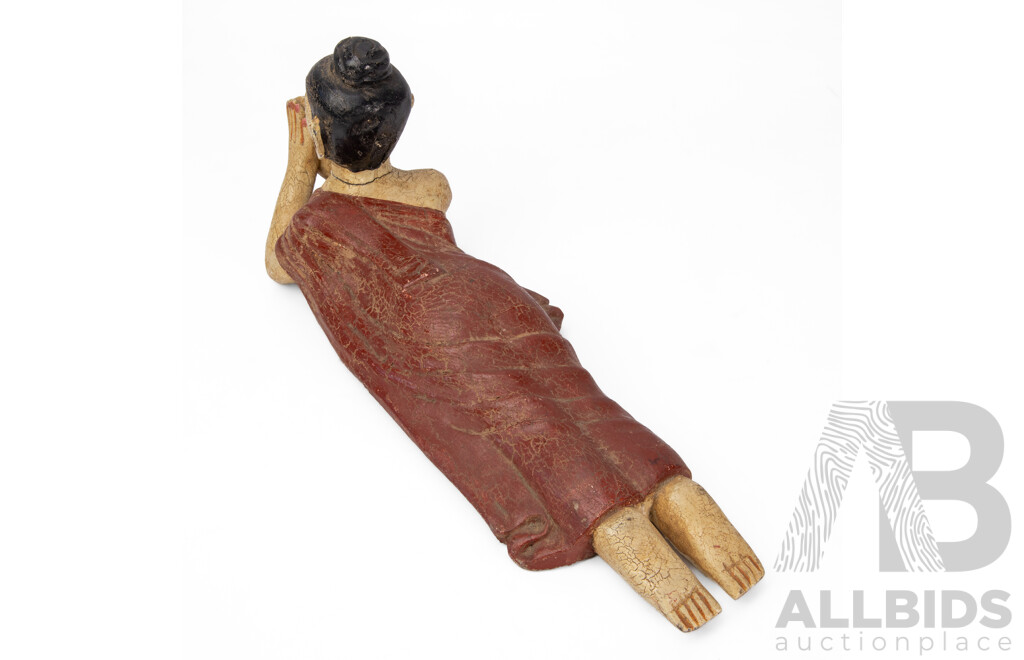Artist Unknown (20th Century, Cambodian), Reclining Praying Buddha, Original Vintage Hand Painted & Carved Teak Figurine, 18H X 43L x 13W cm (approx)