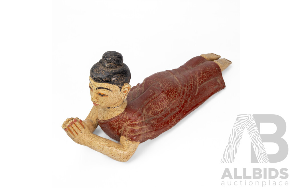 Artist Unknown (20th Century, Cambodian), Reclining Praying Buddha, Original Vintage Hand Painted & Carved Teak Figurine, 18H X 43L x 13W cm (approx)