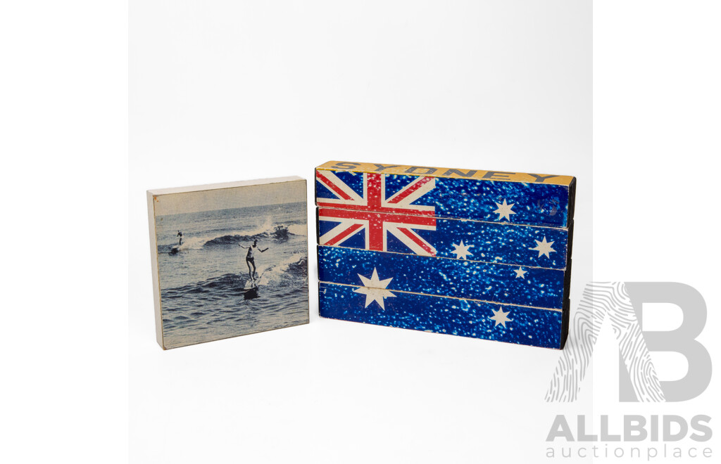 Artist Unknown (20th Century, Australian), Surfing the Waves & Australia Puzzle (x 4 Interchangeable Blocks), Mixed Media on Composite Wood Panels, 15H x 15W cm (Surfing Panel) (5)