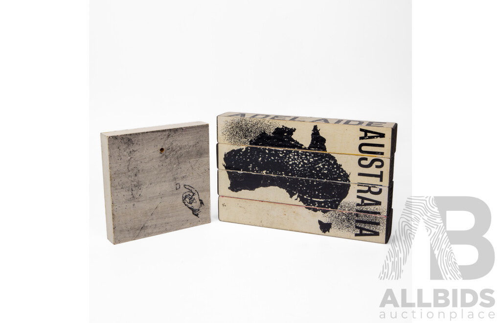 Artist Unknown (20th Century, Australian), Surfing the Waves & Australia Puzzle (x 4 Interchangeable Blocks), Mixed Media on Composite Wood Panels, 15H x 15W cm (Surfing Panel) (5)