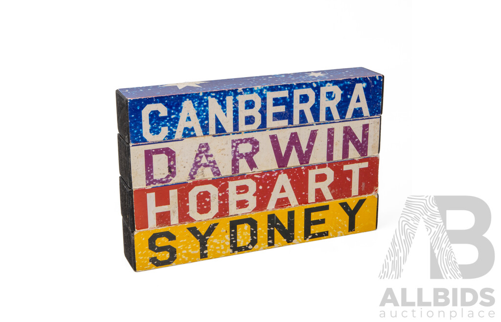 Artist Unknown (20th Century, Australian), Surfing the Waves & Australia Puzzle (x 4 Interchangeable Blocks), Mixed Media on Composite Wood Panels, 15H x 15W cm (Surfing Panel) (5)