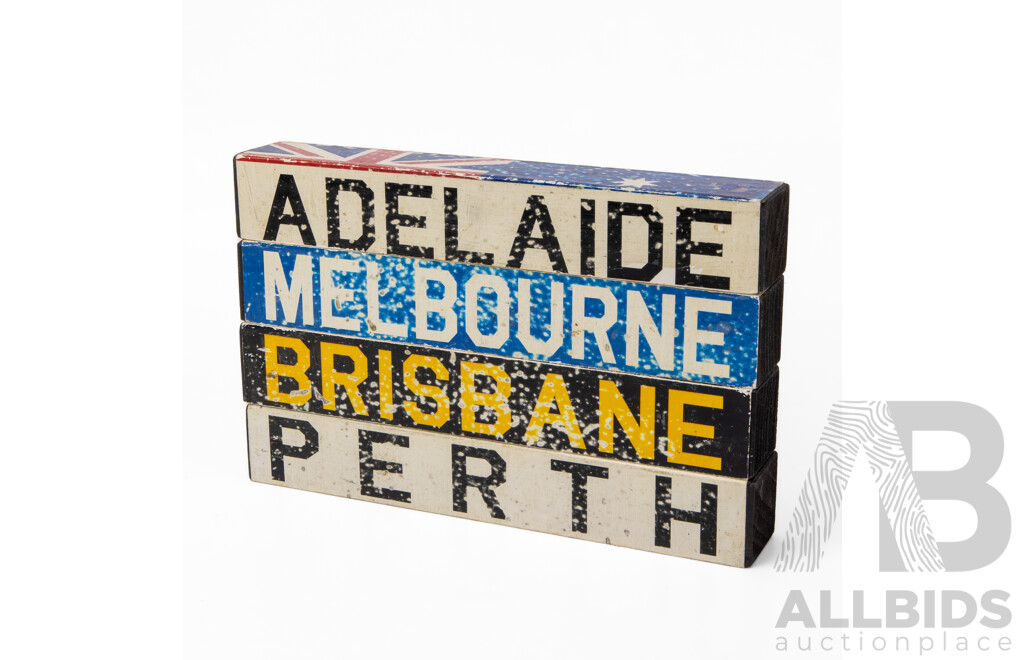 Artist Unknown (20th Century, Australian), Surfing the Waves & Australia Puzzle (x 4 Interchangeable Blocks), Mixed Media on Composite Wood Panels, 15H x 15W cm (Surfing Panel) (5)