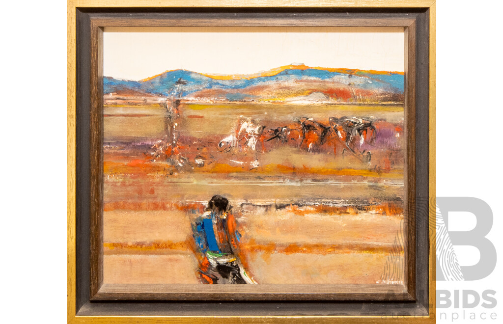 Thomas Gleghorn (20th Century, British-Born Australian, 1925-2026), the Drover (c1970s), Wonderful Original Oil on Board, 30H X 34W Cm (frame)