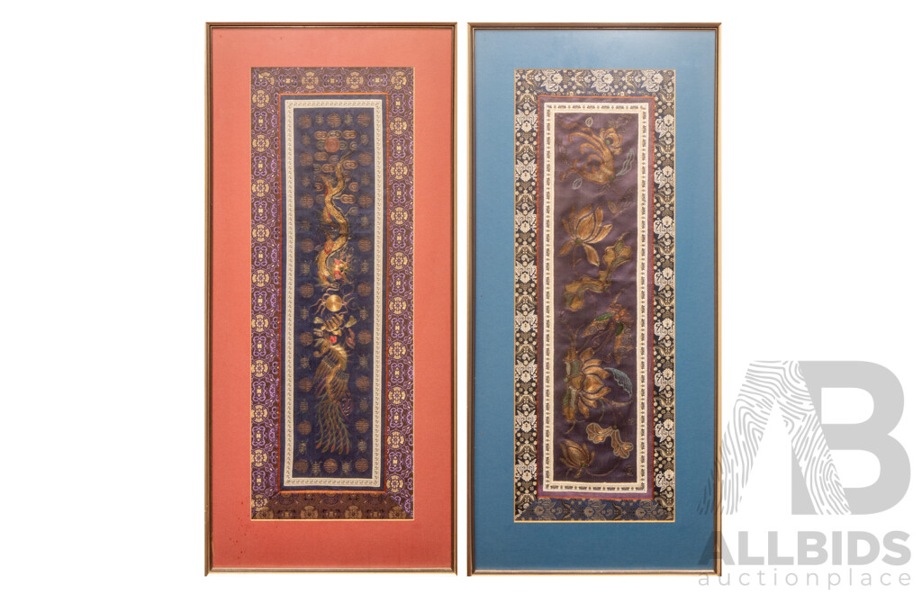 Artists Unknown (Chinese School), Dragon & Phoenix and Butterfly with Lotuses, Pair of Wonderful Antique Chinese Silk Embroidery Panels Featuring Pajin [Couched Gold Embroidery], 72H x 33W cm (largest) (2)