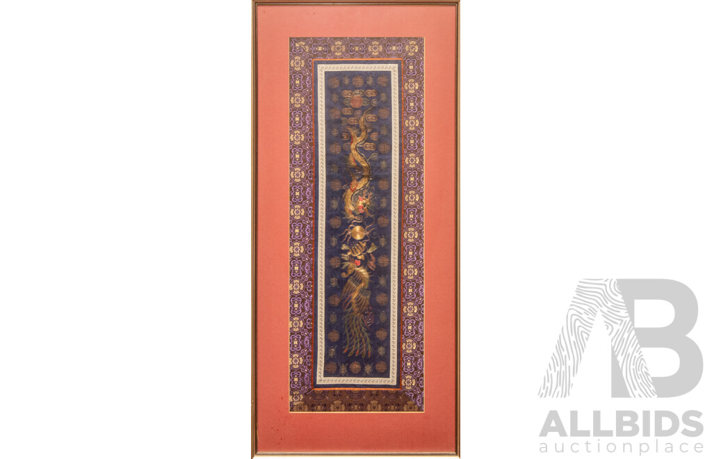 Artists Unknown (Chinese School), Dragon & Phoenix and Butterfly with Lotuses, Pair of Wonderful Antique Chinese Silk Embroidery Panels Featuring Pajin [Couched Gold Embroidery], 72H x 33W cm (largest) (2)