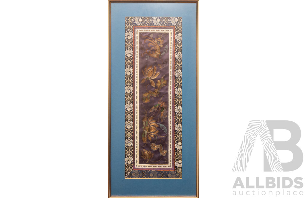 Artists Unknown (Chinese School), Dragon & Phoenix and Butterfly with Lotuses, Pair of Wonderful Antique Chinese Silk Embroidery Panels Featuring Pajin [Couched Gold Embroidery], 72H x 33W cm (largest) (2)