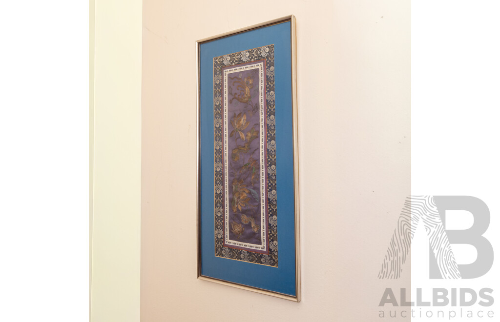 Artists Unknown (Chinese School), Dragon & Phoenix and Butterfly with Lotuses, Pair of Wonderful Antique Chinese Silk Embroidery Panels Featuring Pajin [Couched Gold Embroidery], 72H x 33W cm (largest) (2)