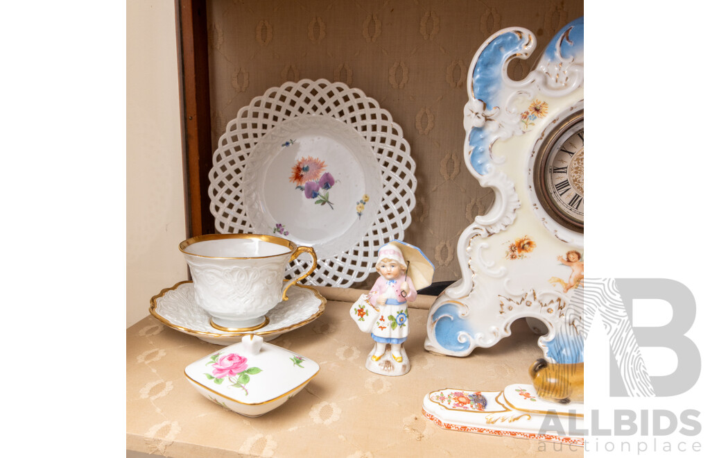 Collection of Meissen Ceramics Including Cabinet Plates, Figurines & an Italian Clock