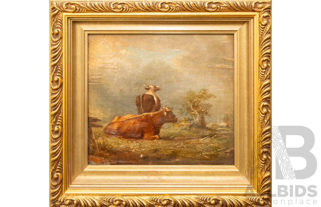 Artist Unknown (Early 20th Century), Cows, Original Antique Oil on Board, 30H x 32W cm (frame)
