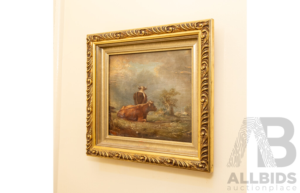 Artist Unknown (Early 20th Century), Cows, Original Antique Oil on Board, 30H x 32W cm (frame)