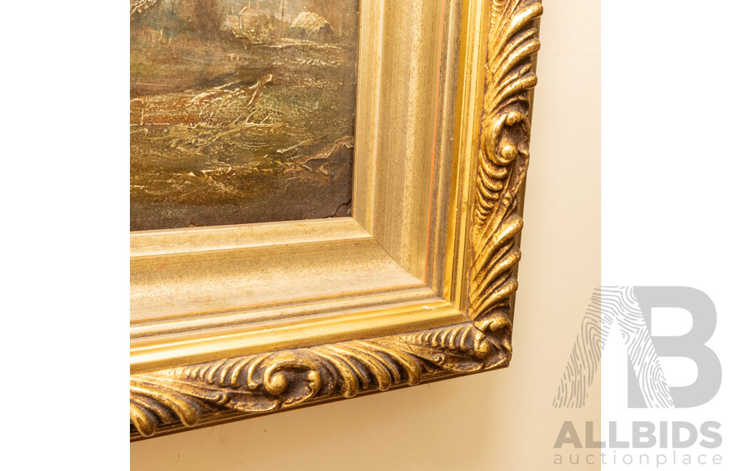 Artist Unknown (Early 20th Century), Cows, Original Antique Oil on Board, 30H x 32W cm (frame)