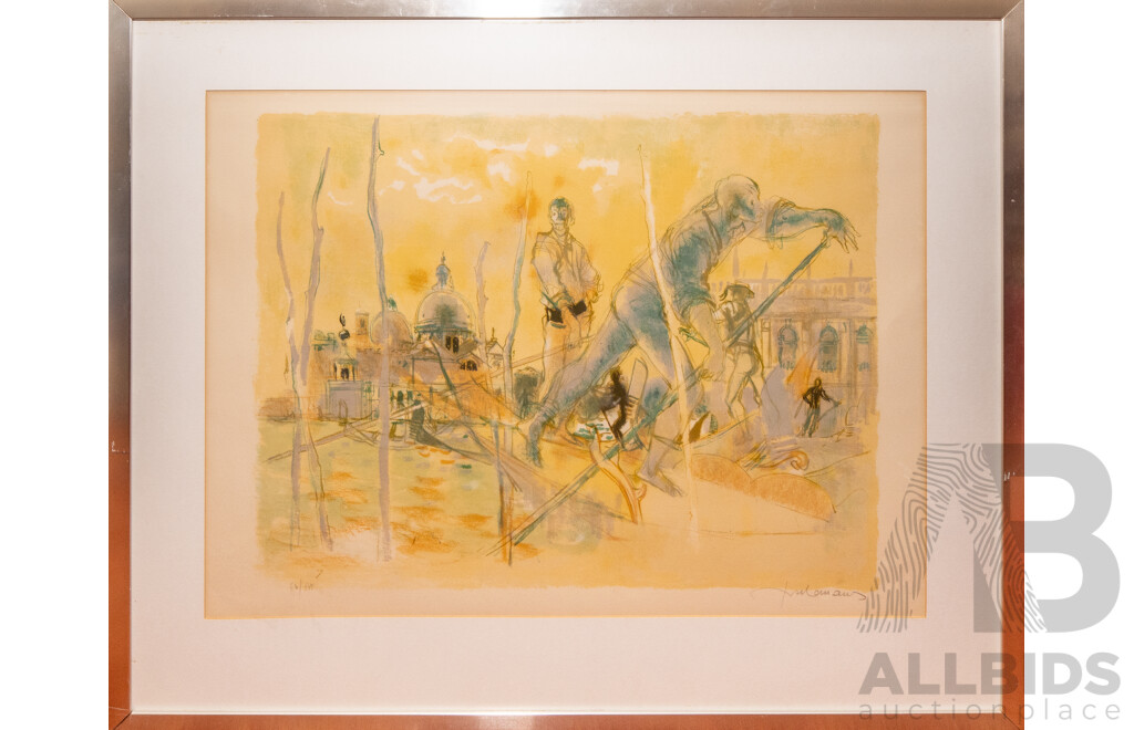 Lucien Fontanarosa (20th Century, French, 1912-1975), Gondoliers a Venise [Gondoliers in Venice] (1972), Original Signed and Editioned Lithograph, 77H x 95W cm (frame)