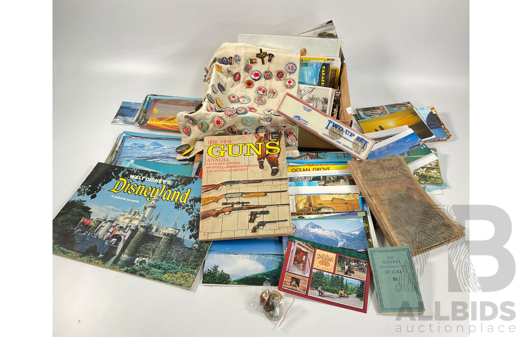 Australian 22ct God Plated Pennies Two Up Set, Collection of Vintage International Post Cards, Antique and Vintage Charity Pins and Badges, 1971 Disney Pictorial Souvenir..............