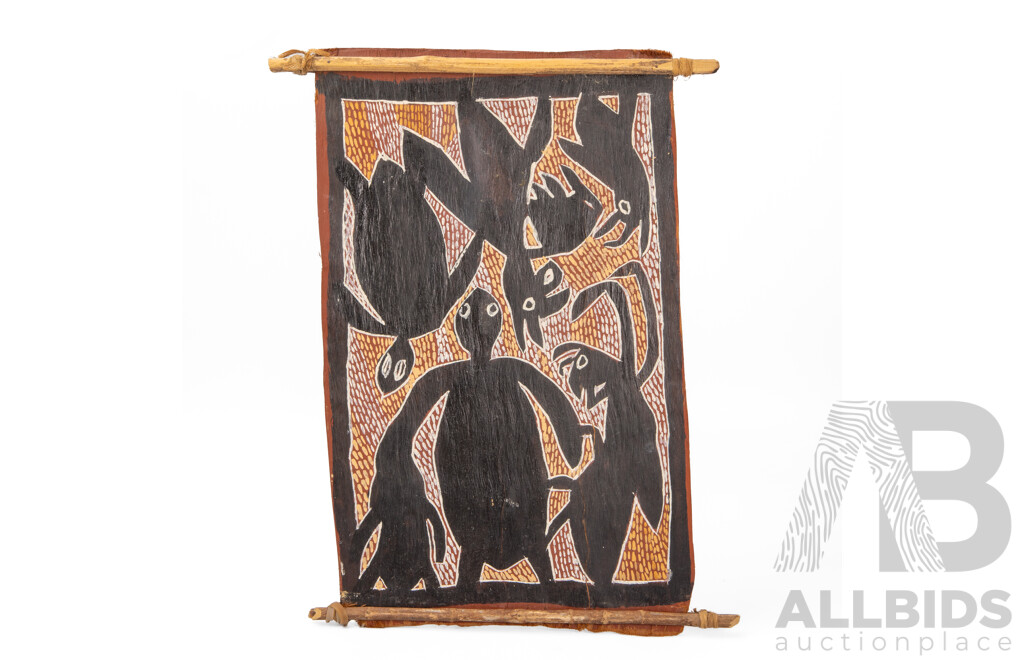Artist Unknown (20th Century, Indigenous-Australian), Sea Turtles and Ancestral Figures (c1970s), Original Vintage Natural Pigments & Ochre on Stringy Eucalyptus Bark, 44H x 27W cm