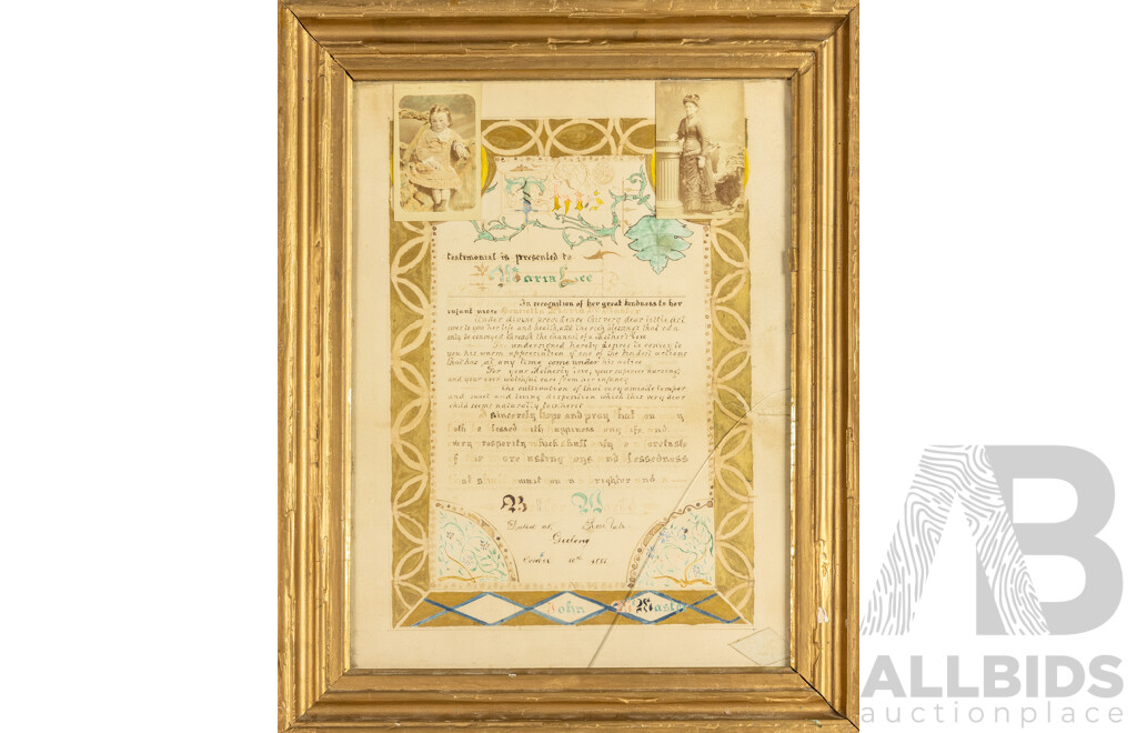 John McMaster (19th Century, Australian, c1881), Antique Hand Drawn Appreciation Testimonial with Photographs, 49H x 39W cm (frame)