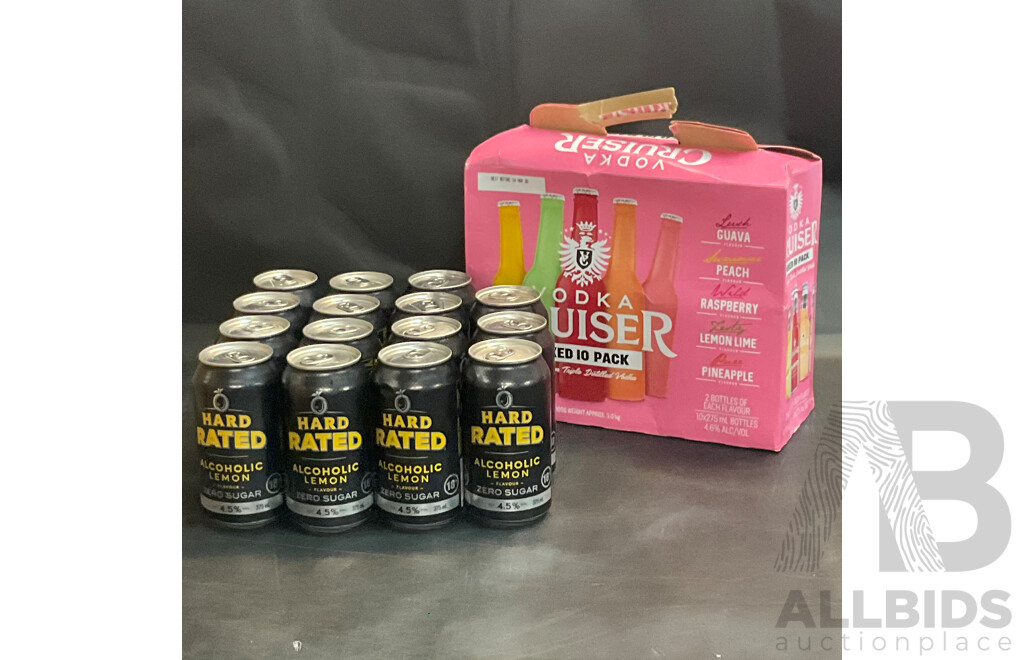 HARD RATED Lemon Zero Sugar ( X15 ) , VODKA CRUISER 10 Pack - Lot of 16