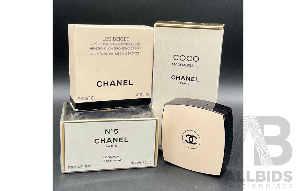 Assorted Cosmetics Branded CHANEL, Including Soap, Bronzing Cream, Body Mist - Lot of 4