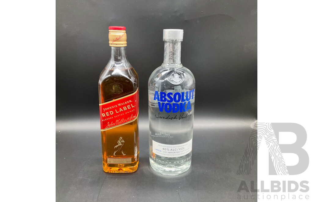 ABSOLUT Vodka 1L, JOHNNIE WALKER Red Lable Blended Scotch Whisky 700ml - Lot of 2