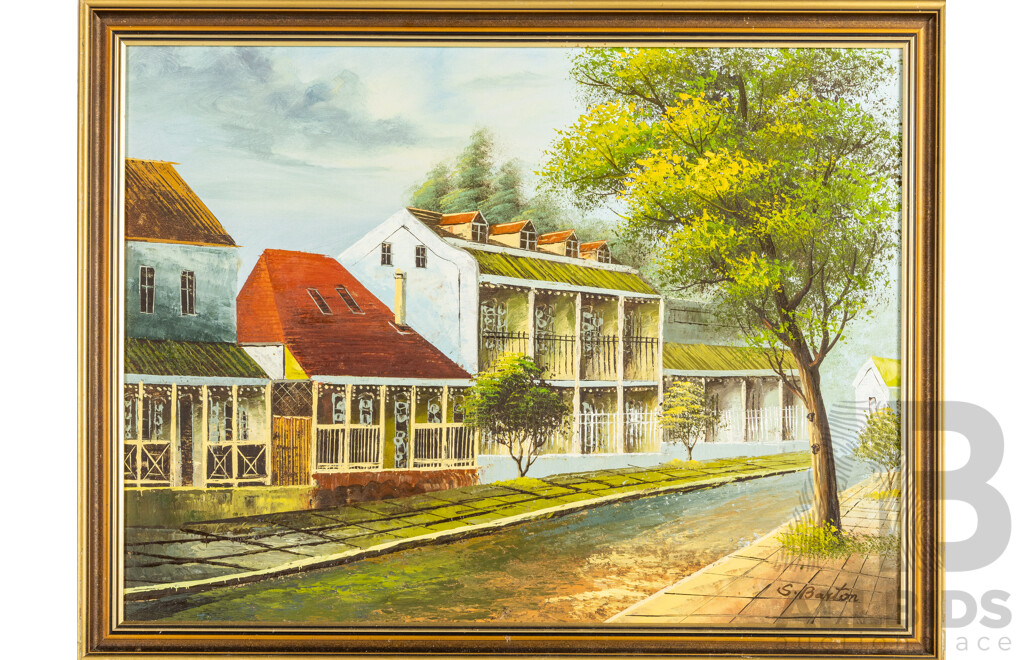 S. Barton (20th Century), Terrace Houses - Sydney, Vintage Oil on Masonite, 51H x 66W cm (frame)