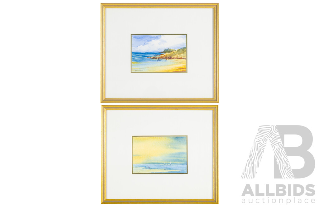 Nada O'Loughlin (20th Century, Australian, Active C2000s), Full Moon Sailing & Rainbow Beach, Bonny Hills, Pair of Original Pure Watercolours, 28H x 33W cm (frames) (2)