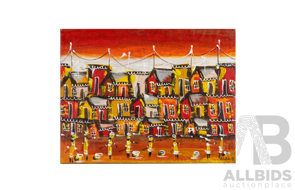 Alda Bikindou (20th Century, Congolese), The Rhythm of the Village, Original Acrylic on Canvas Backed on Board, 42H x 54W cm