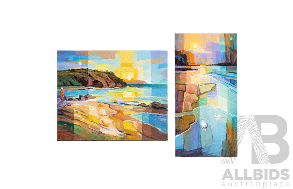 Jenny Sheppard, (20th Century, Australian), Winter, Pine Island & Big Summer Sand (Moruya), Original Pair of Acrylic on Canvases, 81H x 41W cm (largest) (2)