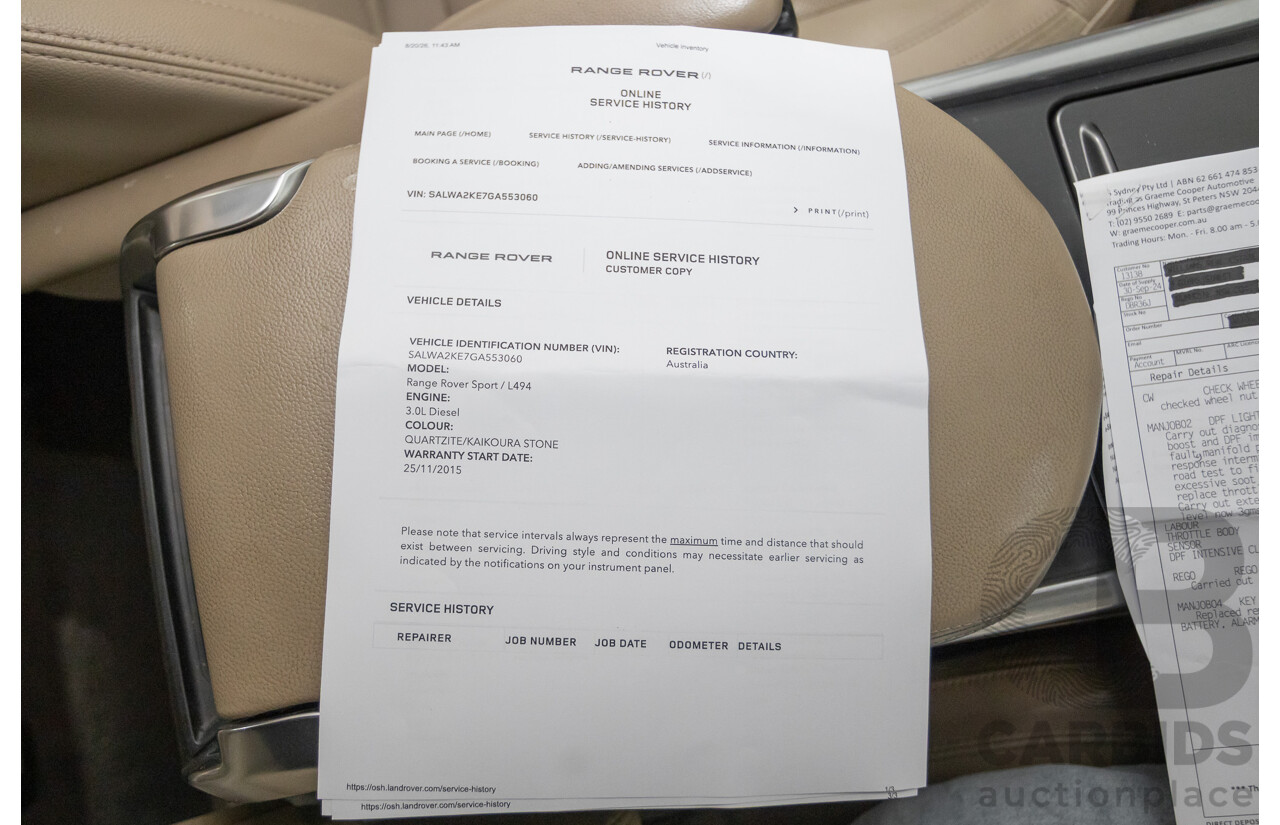 11/2015 Land Rover Range Rover Sport SDV6 SE (AWD) LW MY16 4d Wagon Kaikoura Stone Metallic Twin Turbo Diesel V6 3.0L