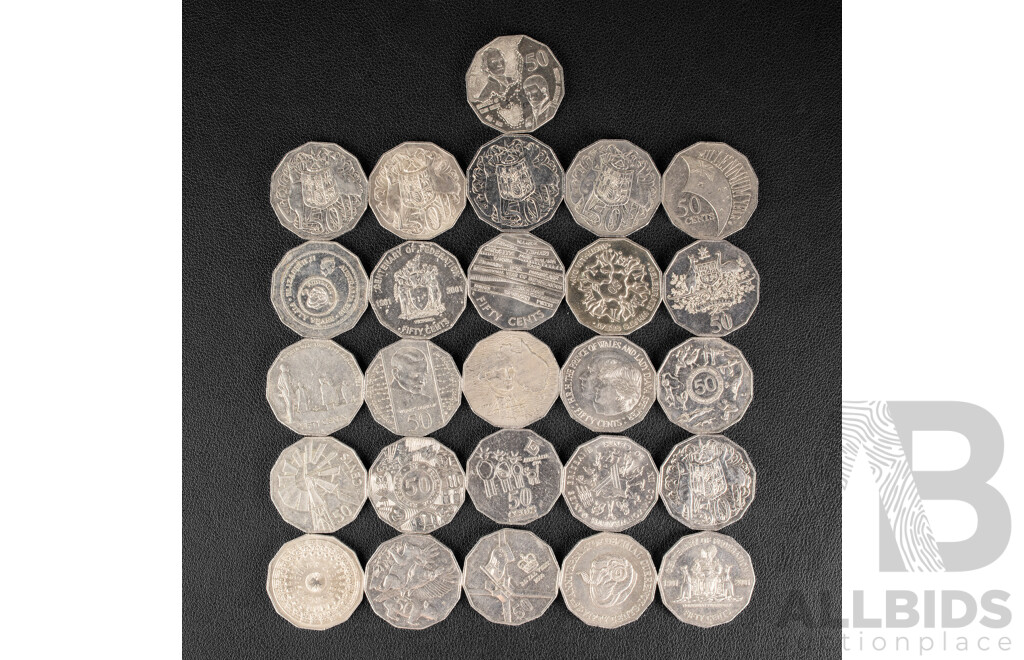 Twenty Six Australian Fifty Cent Coins Including 2016 Fifty Years Decimal Currency, 1991 Twenty Five Years Decimal Currency, 2019 Indigenous Languages, 2004 Student Design, 1977 Jubilee, 2000royal Visit, 2000 Millennium................