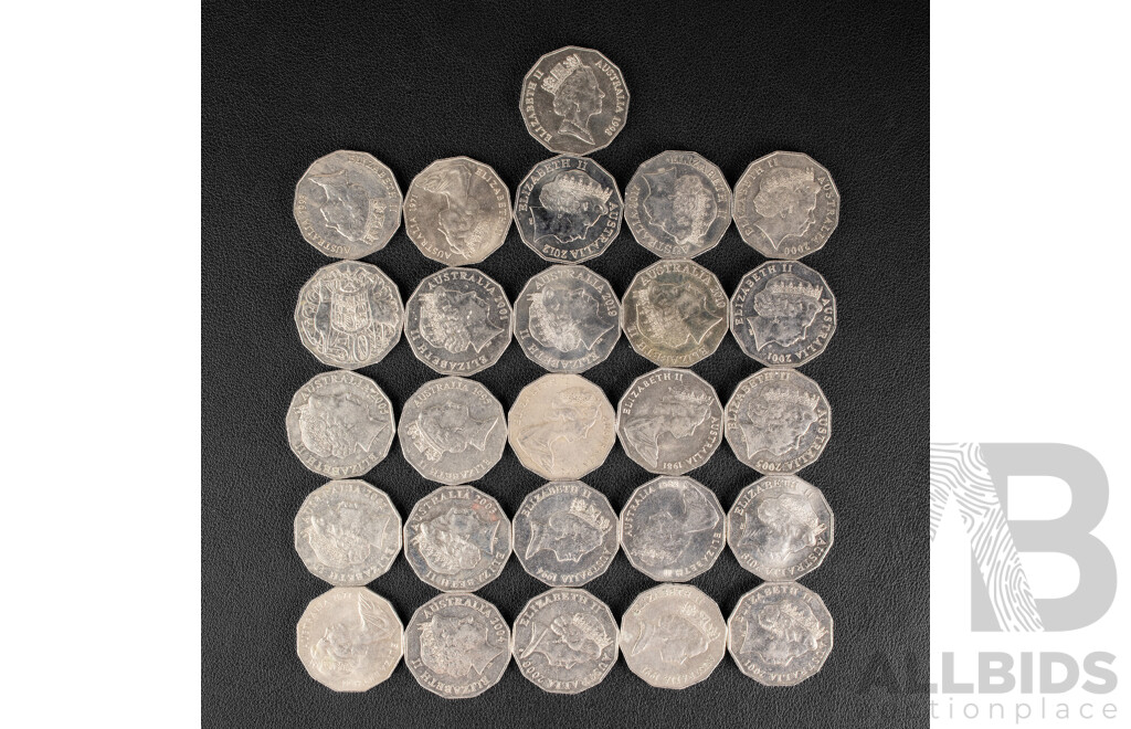 Twenty Six Australian Fifty Cent Coins Including 2016 Fifty Years Decimal Currency, 1991 Twenty Five Years Decimal Currency, 2019 Indigenous Languages, 2004 Student Design, 1977 Jubilee, 2000royal Visit, 2000 Millennium................