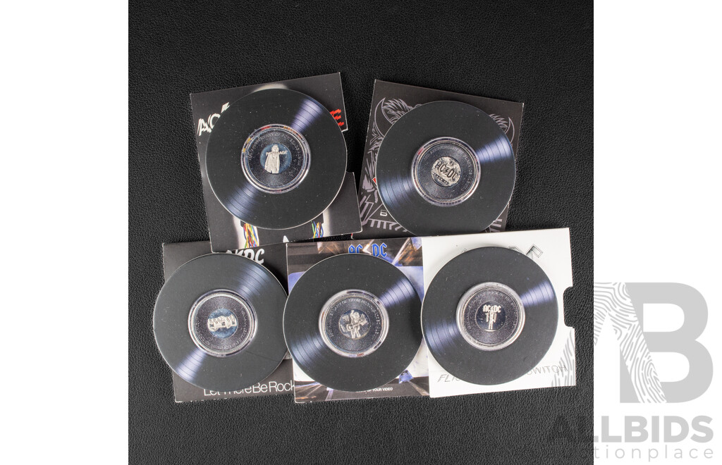 Five Australian RAM 2022/23 AC/DC Commemorative Twenty Cent Coins, Let There Be Rock, Flick the Switch, Blow Up Your Video, Powerage, Black Ice
