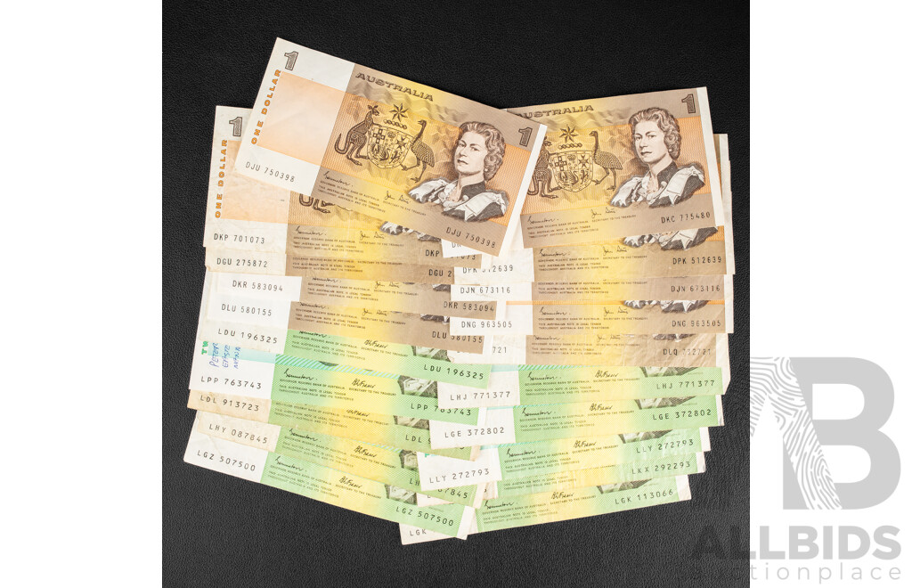 Ten Australian 1985 Two Dollar Notes Johnston/Fraser and Ten 1982 One Dollar Notes, Johnston/Stone