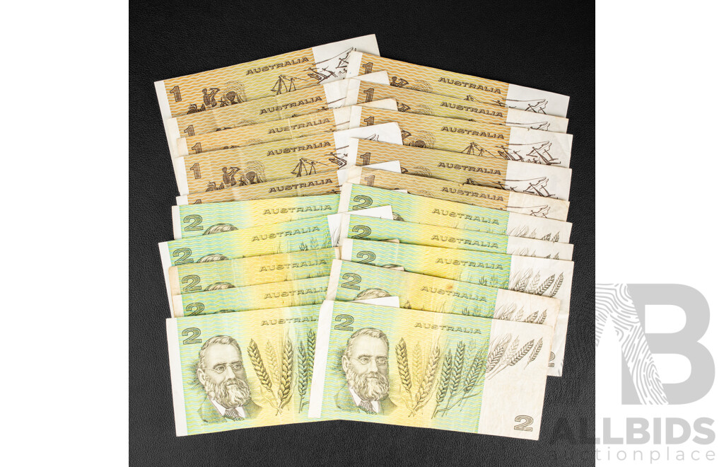 Ten Australian 1985 Two Dollar Notes Johnston/Fraser and Ten 1982 One Dollar Notes, Johnston/Stone