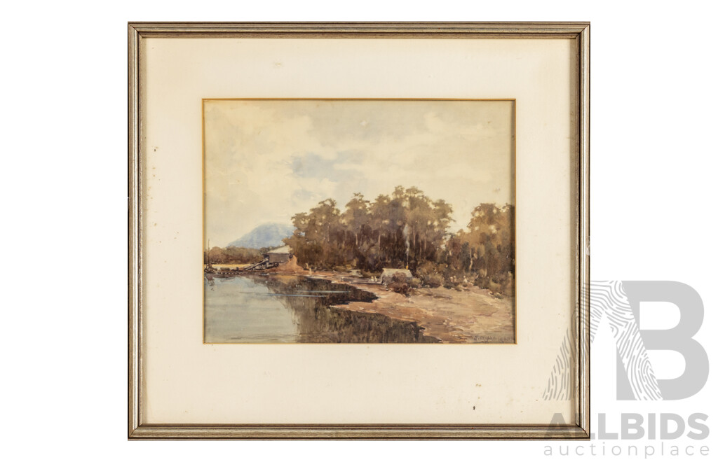 John Hargraves Hodgson (19/20th Centuries, Australian, 1870–1938), A Shack by the River, (c1920s), Nambucca, Original Antique Watercolour, 55H x 59W cm (frame)