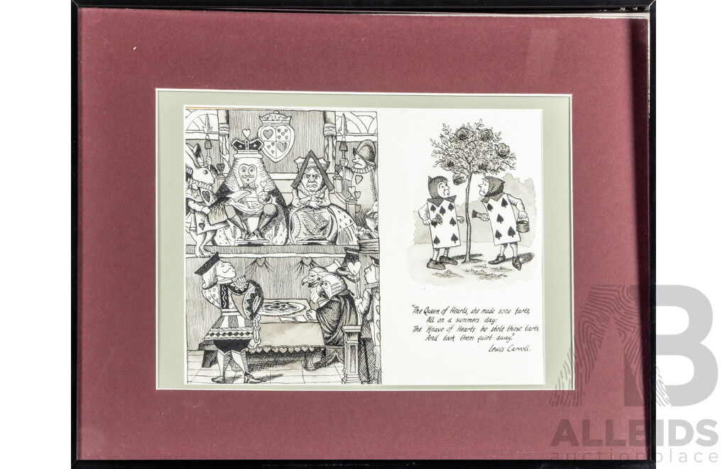 Anna Morgan (20th Century, Australian) [After] Sir John Tenniel (19/20th Centuries, British, 1820-1914), the Queen of Hearts, She Made Some Tarts...[Alice in Wonderland], Contemporary Woodblock Print After Original Pen & Ink, 42H x 31W cm (frame)